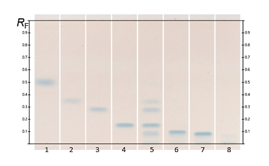 HPTLC chromatograms in white light after derivatization; Track 1: Pi (100 ng), track 2: Ins(3)P1 (500 ng), track 3: Ins(2,4)P2, (300 ng) track 4: Ins(1,4,5)P3 (300 ng), track 5: InsP1-P5, track 6: Ins(2,3,5,6)P4 (300 ng), track 7: Ins(1,3,4,5,6)P5 (300 ng), track 8: Ins(1,2, 3,4,5,6)P6 (100 ng).