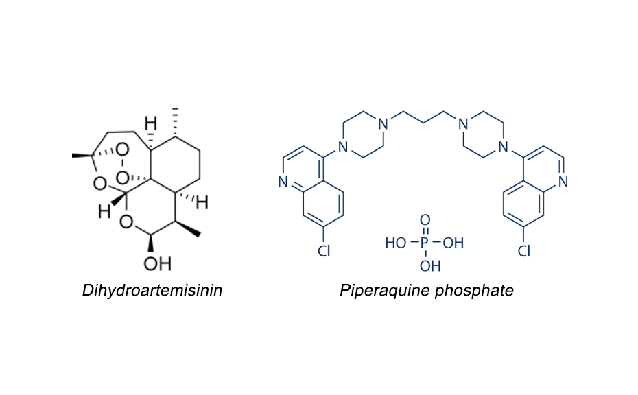Chemical structures of dihydroartemisinin and piperaquine phosphate
